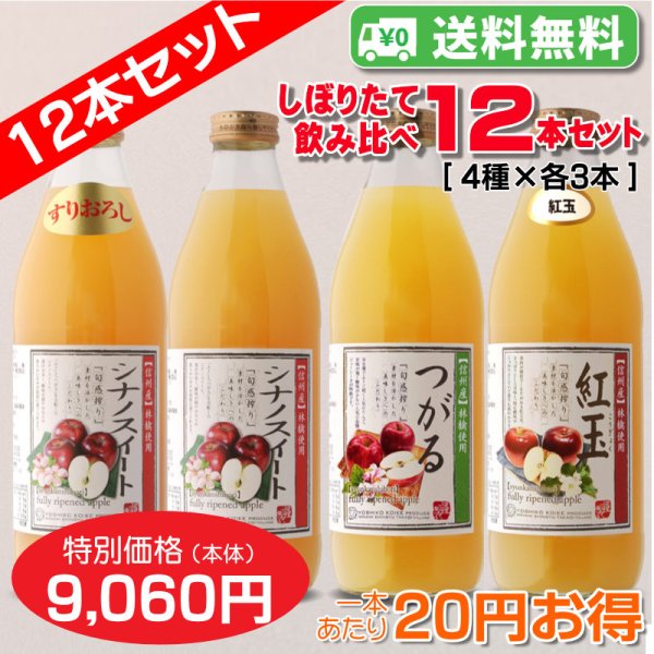 画像1: 【送料無料】今だけ！しぼりたてりんごジュース 飲み比べ　12本セット A【一本あたり20円お得】 (1)