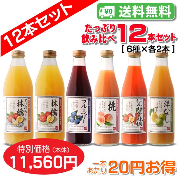 画像1: 【送料無料】たっぷり飲みくらべ12本セット(すりおろし・りんご・にんじんと林檎・もも[80%桃果汁入り飲料]・ブルーベリー[40%混合果汁入り飲料]・洋なし)各２本 (1)