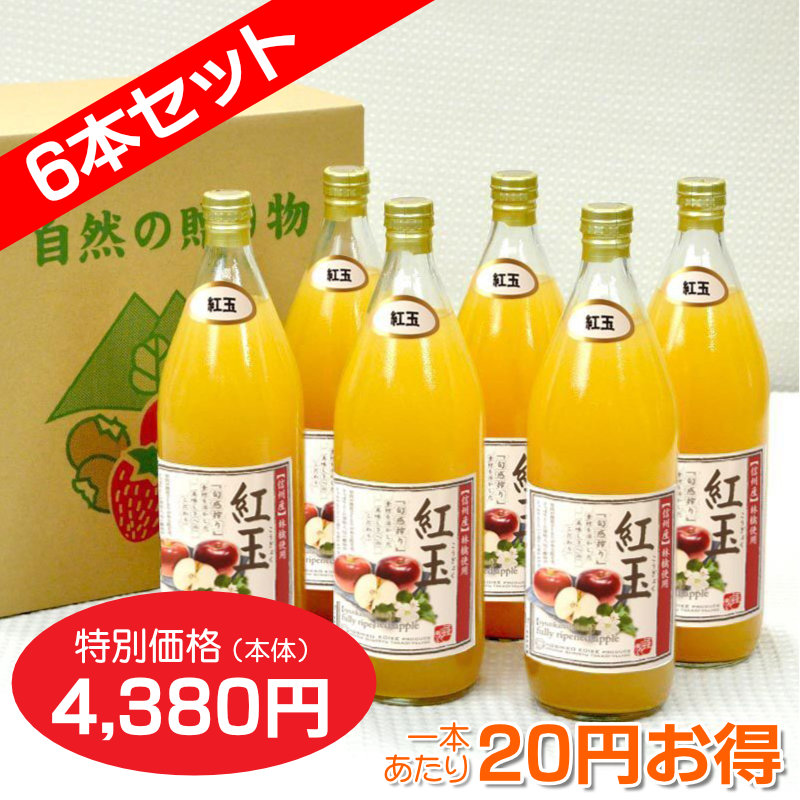 南信州産　紅玉ジュース　完熟100%果汁　6本セット【一本あたり730円】