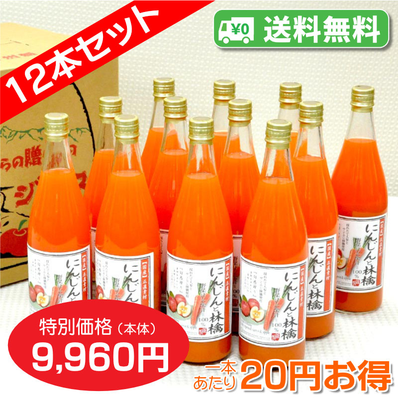 【送料無料】にんじんと林檎ジュース　野菜汁+果汁=100%　12本セット【一本あたり830円】