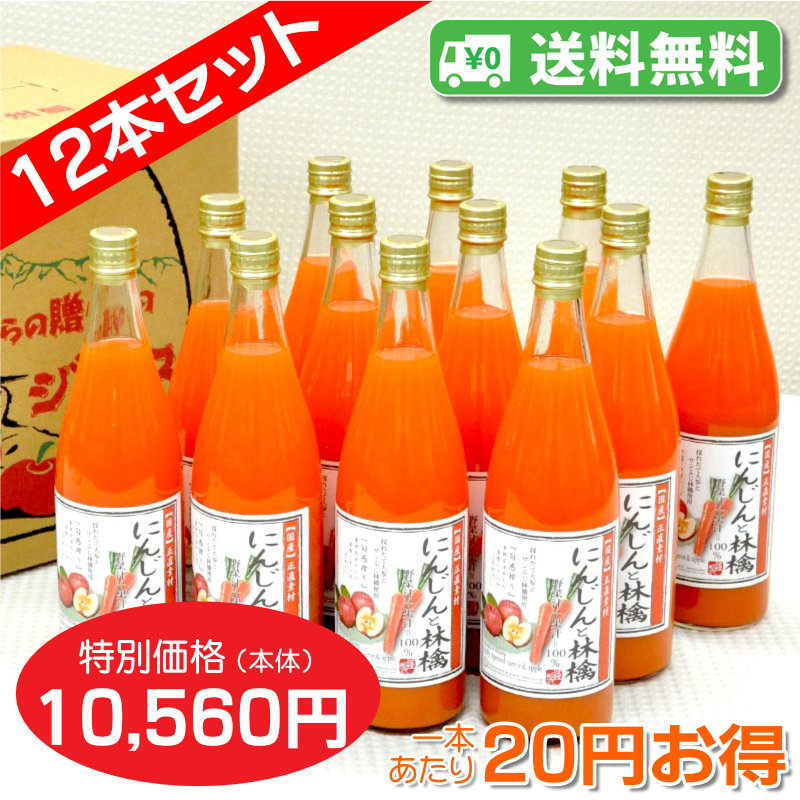 【送料無料】にんじんと林檎ジュース　野菜汁+果汁=100%　12本セット【一本あたり880円】