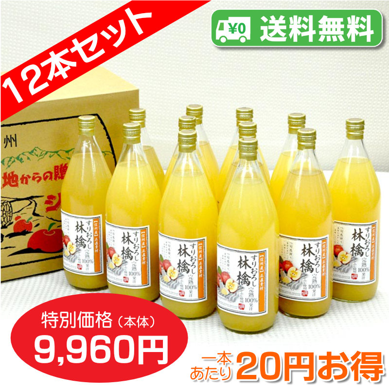 【送料無料】南信州産すりおろしりんごジュース　完熟100%果汁　12本セット【一本あたり830円】