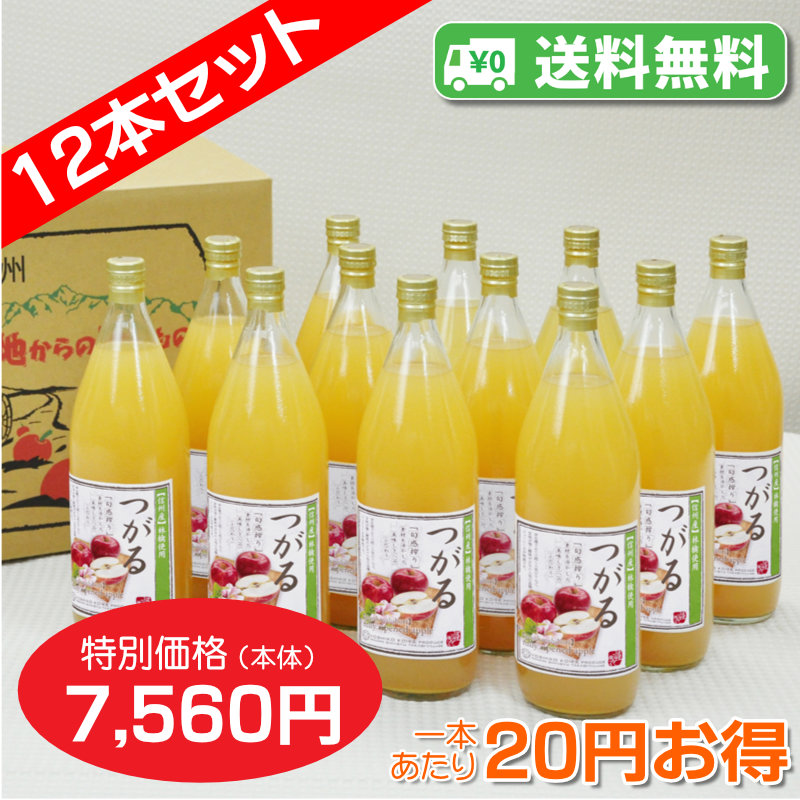 【送料無料】南信州産 つがるジュース　完熟100%果汁　12本セット【一本あたり630円】